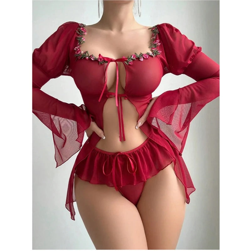 Embroidery Nightie 2 Piece Pajamas Set Wine Red Mesh Sleepwear