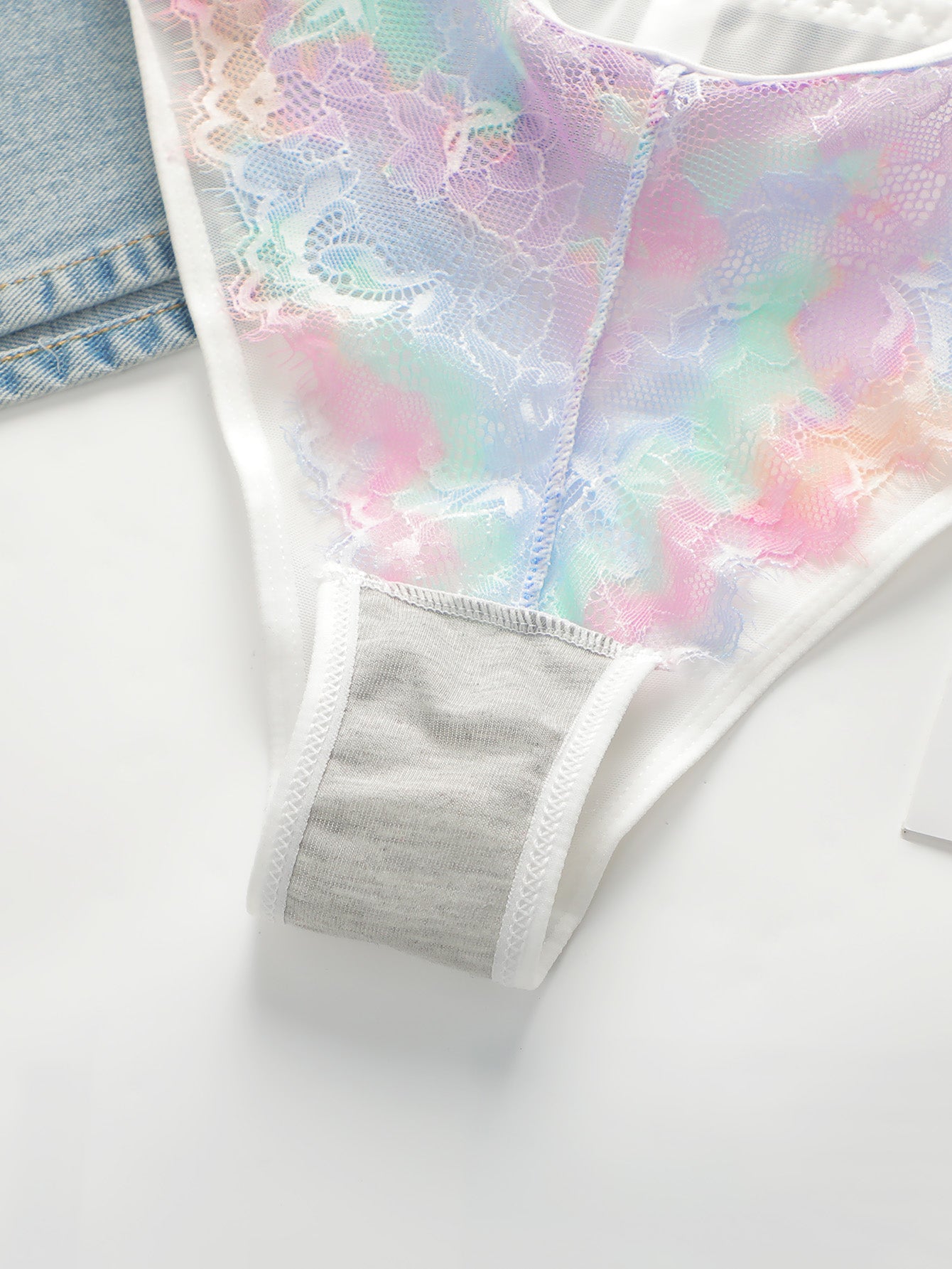 2-piece Neck Hanging Transparent Rainbow Colored Lace Steel Ring Bra set