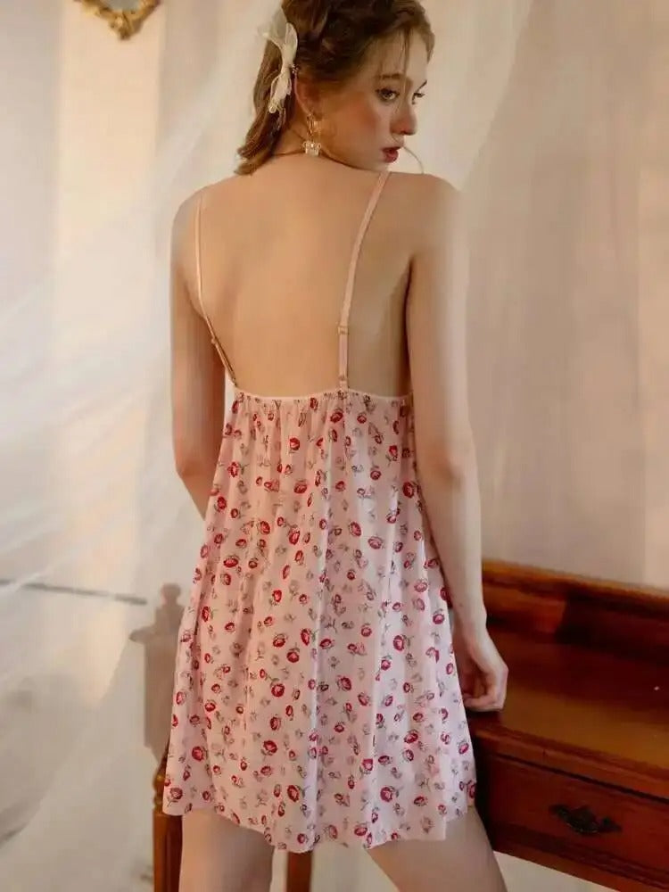 Floral Sweet Dress For Women Lace Mesh Backless Deep V Suspenders Sleeveless