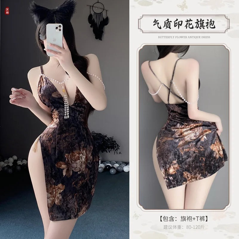 High Waist Split Wrap Hips Pearl Nightgown