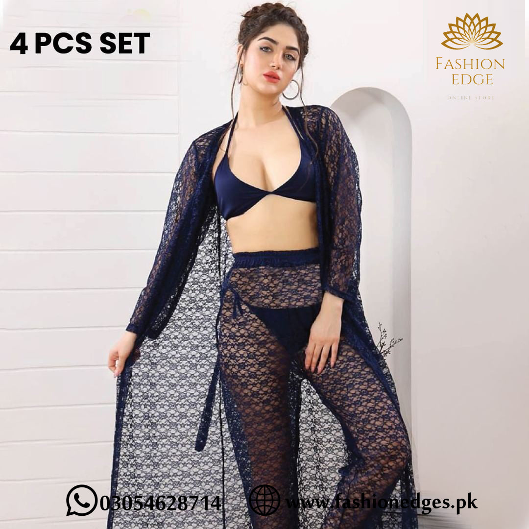 Ladies imported 4pcs High quality Lace Nighty Net See Bridal Set