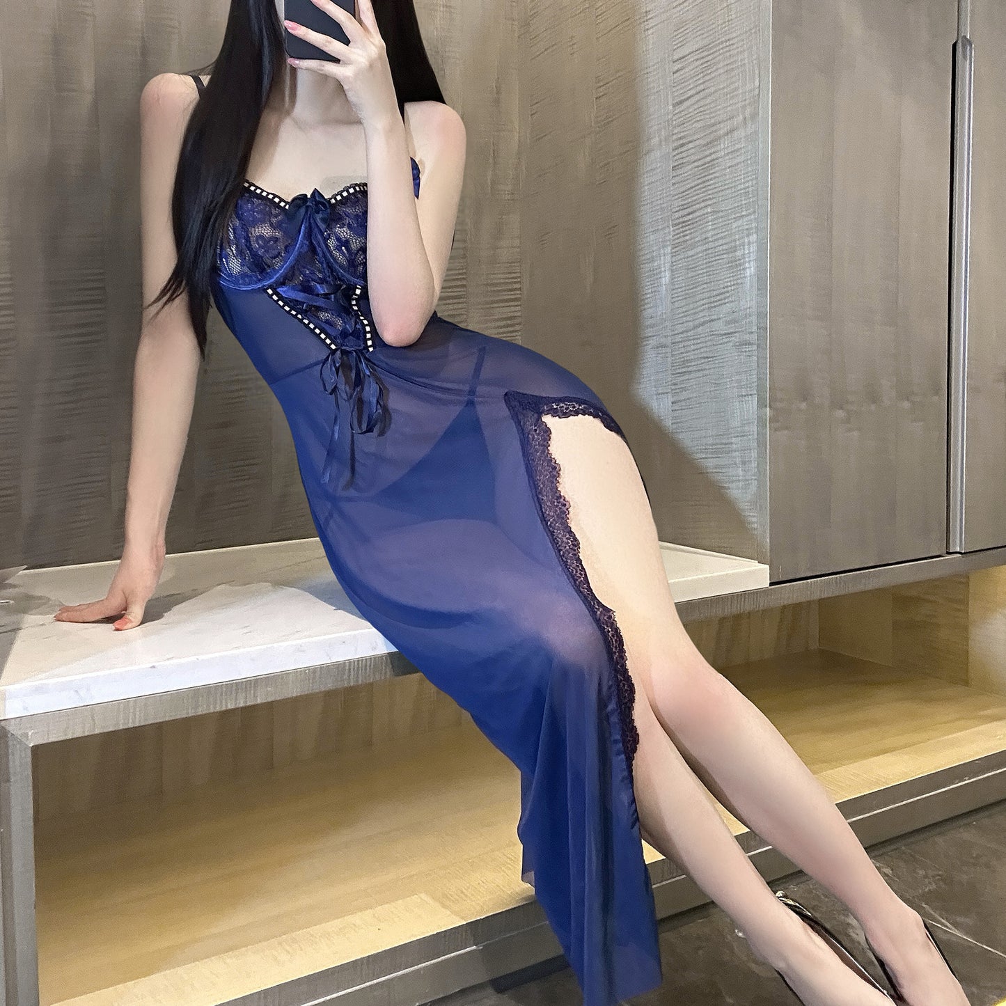 Sexy Hollow out Lace Trimmed Mesh Long 2-piece