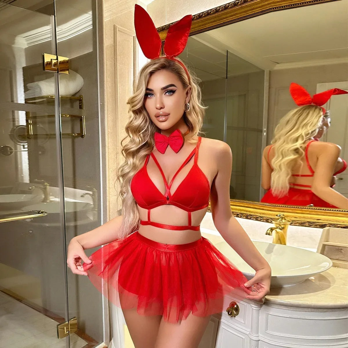Sexy Skirt Sets Women Cosplay Bunny Girl Mesh Lace