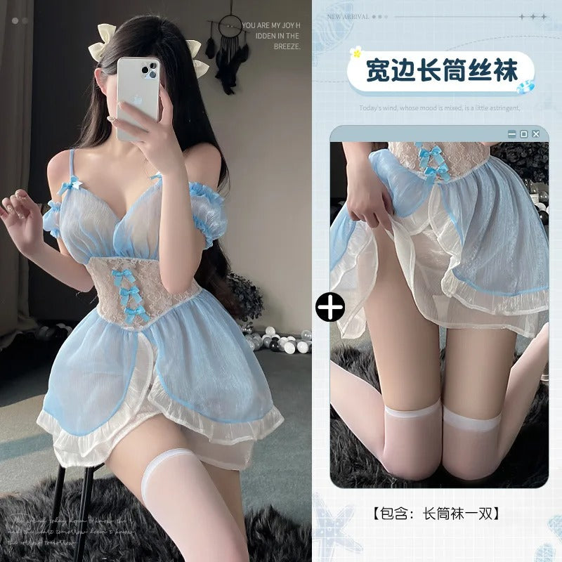 V Neck High Waist Thin Mesh Sheer Transparent Soft Yarn Cute Servant Uniform Dress