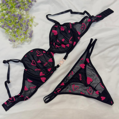 Net Love Print in Velvet Bra Set
