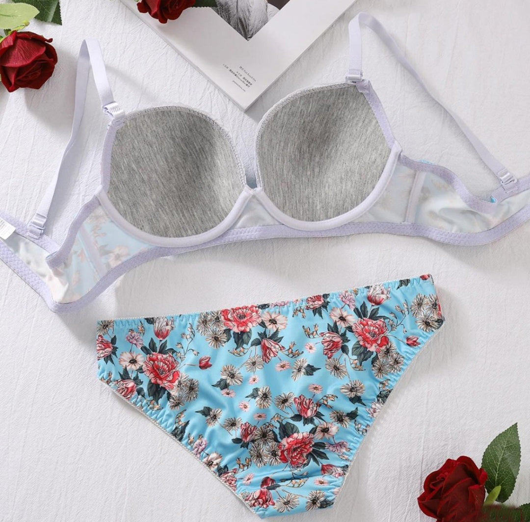 Floral Print Padded Bra and Panty Set