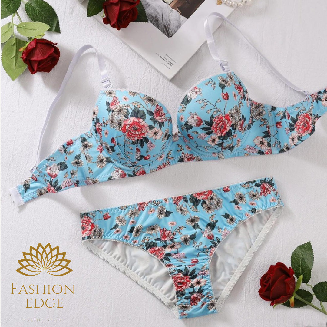 Floral Print Padded Bra and Panty Set