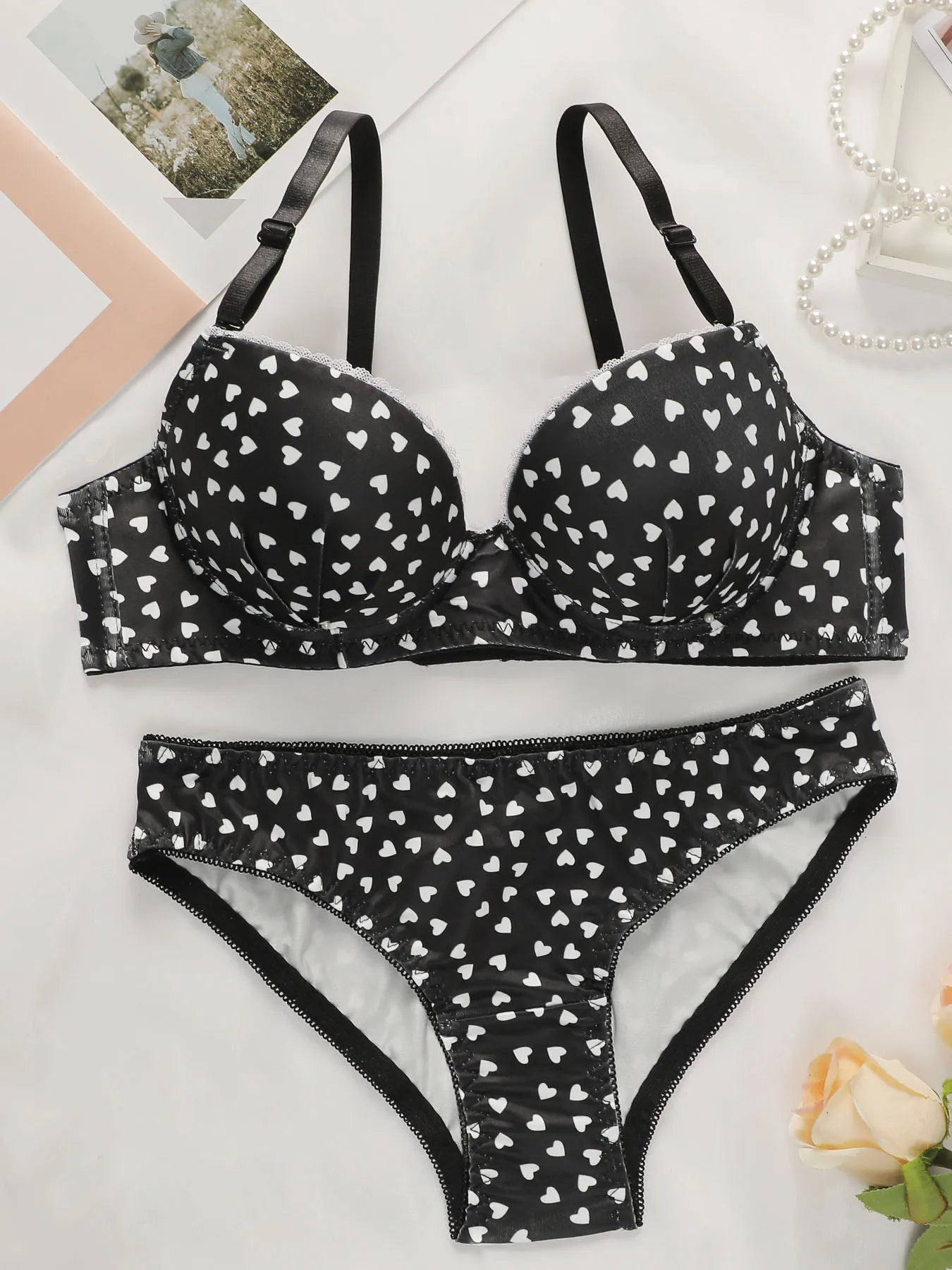 Fashion Hearts Printed Padded Bra and Panty Set