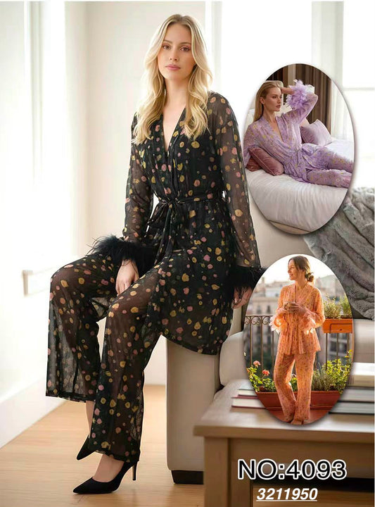 Meadow Floral Feather-Cuff Robe Set
