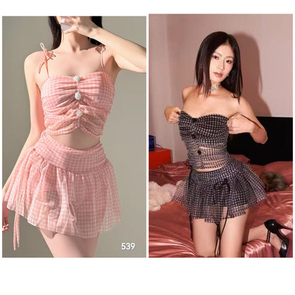 Mesh Prospective Two pcs Printed Mini Skirt Nighty