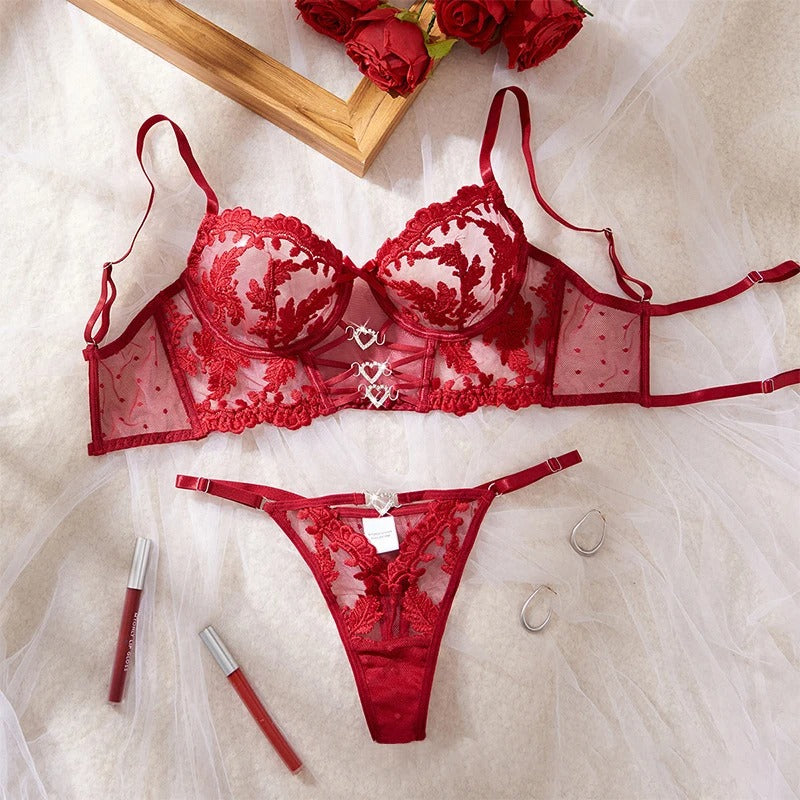 Midnight Bloom Luxury Non-Padded Wired Floral Embroidered Lace Lingerie Set