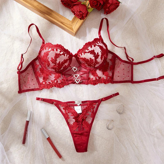Midnight Bloom Luxury Non-Padded Wired Floral Embroidered Lace Lingerie Set