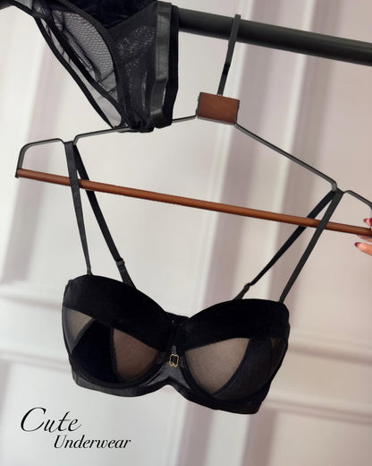 Women's Velvet & Sheer Mesh Push-Up Bra Set