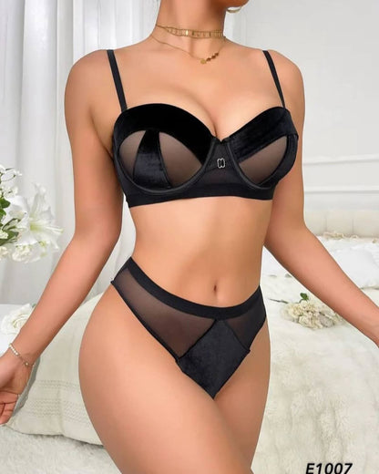 Women's Velvet & Sheer Mesh Push-Up Bra Set