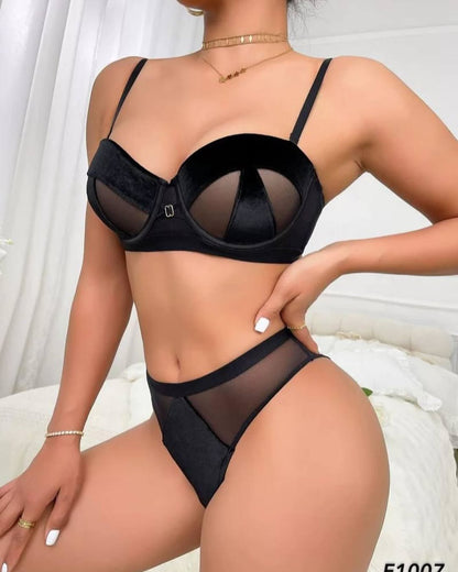 Women's Velvet & Sheer Mesh Push-Up Bra Set