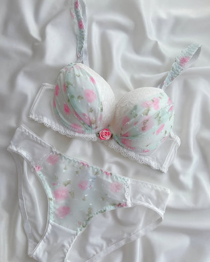 New High Quality Cute Lace Flower Adjustable Straps Push Up Bridal Padded Bra And Panty Set
