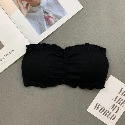 Ruffle Strapless Three Hook-and-eye Cotton Bra Crop Top