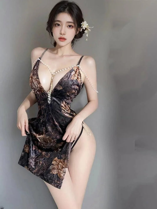 High Waist Split Wrap Hips Pearl Nightgown