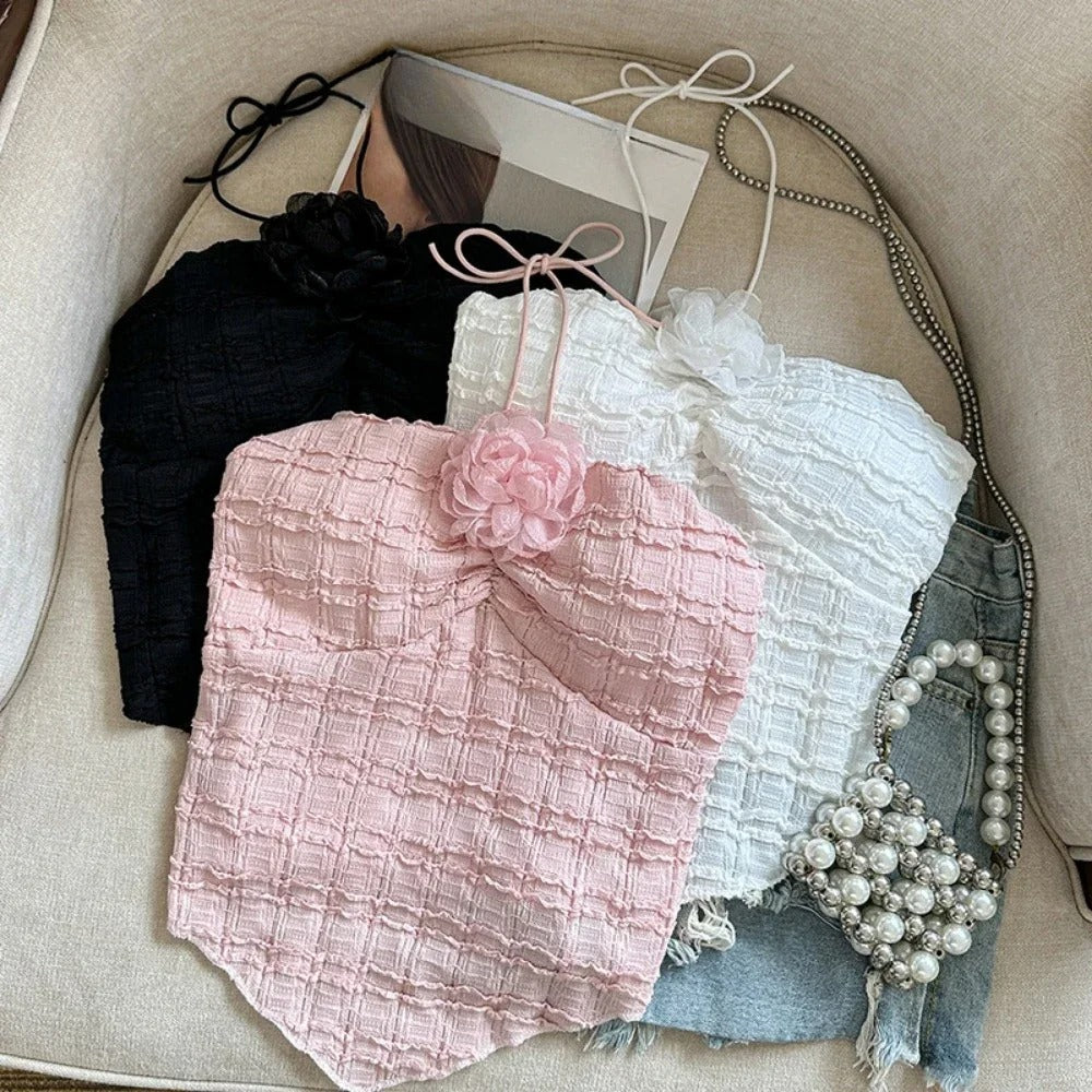 Women Tank Top Sleeveless Camisole Sweet Flowers Design Ruffle Neck