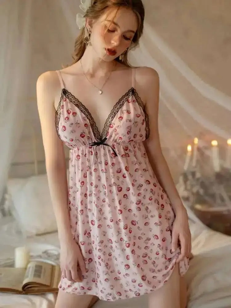 Floral Sweet Dress For Women Lace Mesh Backless Deep V Suspenders Sleeveless