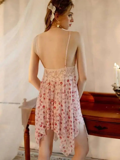 Sexy Lace Mesh Flower Print Dress Backless Deep V Suspenders Sleeveless Dress