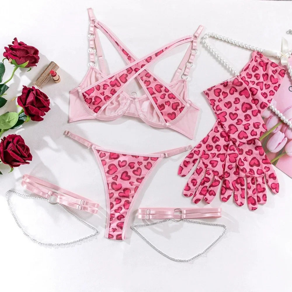 Krasapt Pink Leopard Print Lingerie Sets Cross Patchwork Transparent Bras And Thongs 5Pcs Suit With Gloves