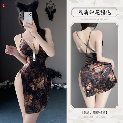 High Waist Split Wrap Hips Pearl Nightgown
