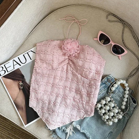Women Tank Top Sleeveless Camisole Sweet Flowers Design Ruffle Neck