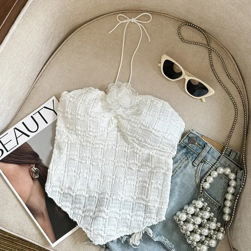 Women Tank Top Sleeveless Camisole Sweet Flowers Design Ruffle Neck