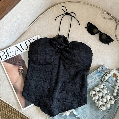 Women Tank Top Sleeveless Camisole Sweet Flowers Design Ruffle Neck