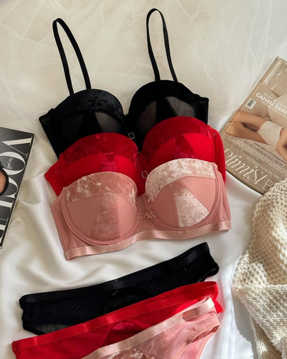 Velvet Half Cup Bra Set Women's with Solid Underwear Female