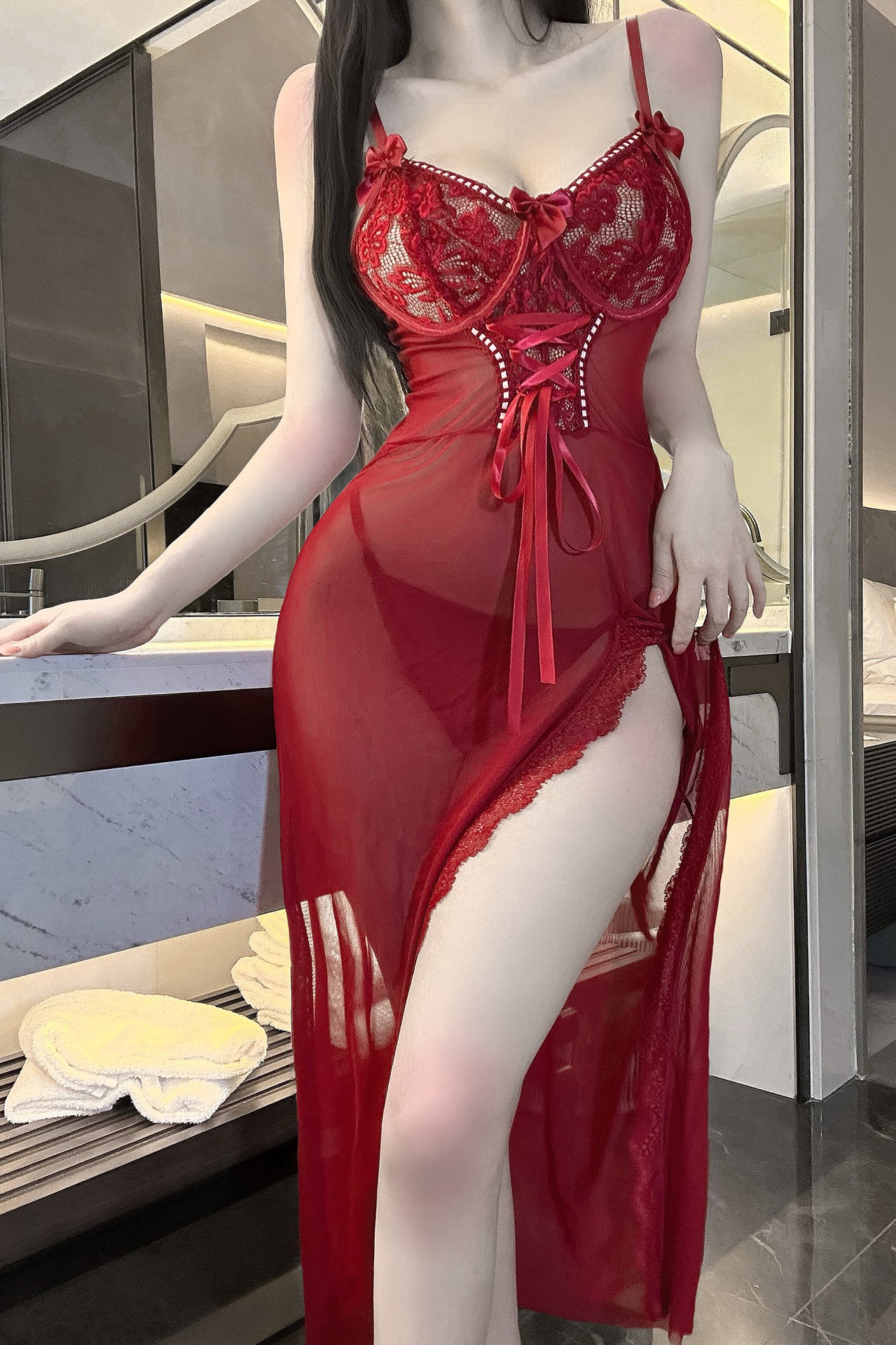 Sexy Hollow out Lace Trimmed Mesh Long 2-piece