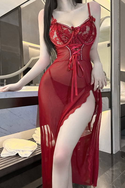 Sexy Hollow out Lace Trimmed Mesh Long 2-piece