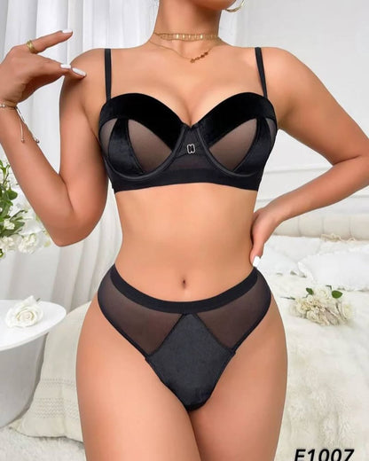 Velvet Half Cup Bra Set Women's with Solid Underwear Female