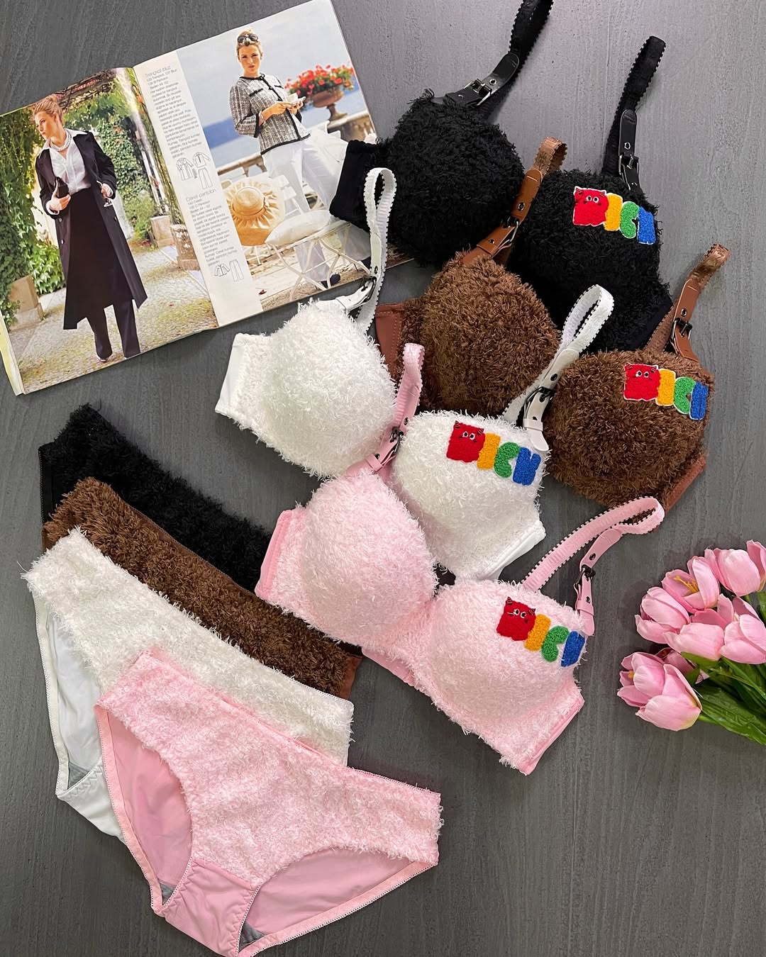 Cute Fur Plush🧸Paded Push-up Bra Panty Set