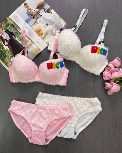 Cute Fur Plush🧸Paded Push-up Bra Panty Set