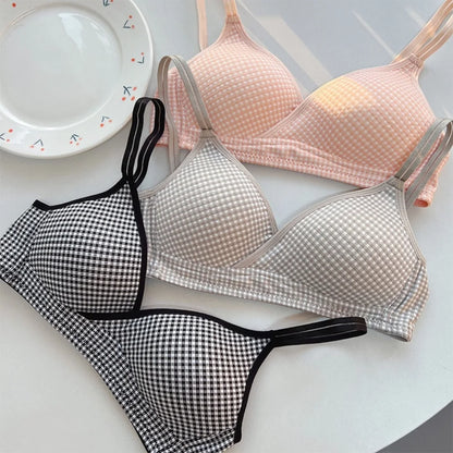 T-shirt Seamless Wireless Push Up Top Bra Breathable Plaid Cute Bralette