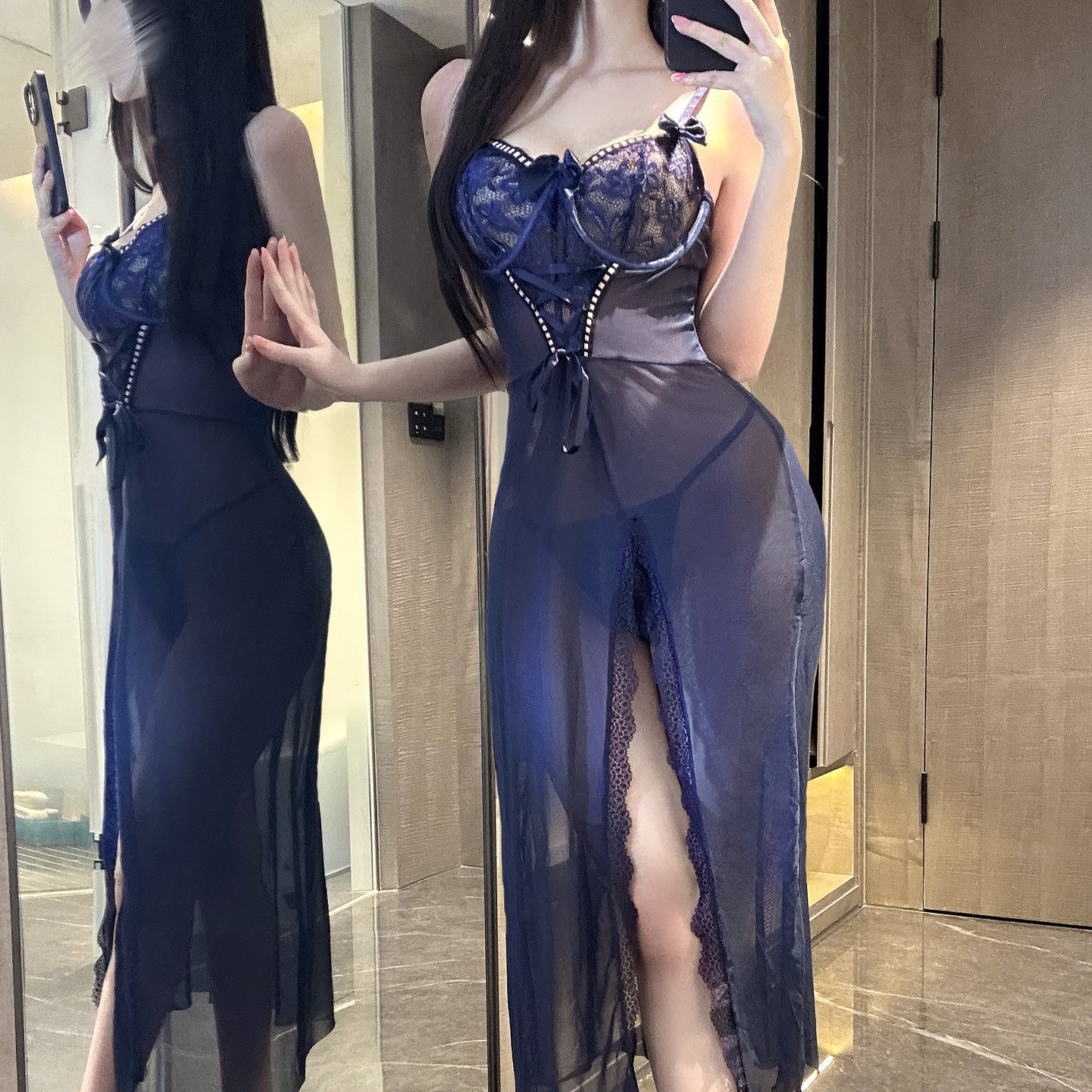 Sexy Hollow out Lace Trimmed Mesh Long 2-piece