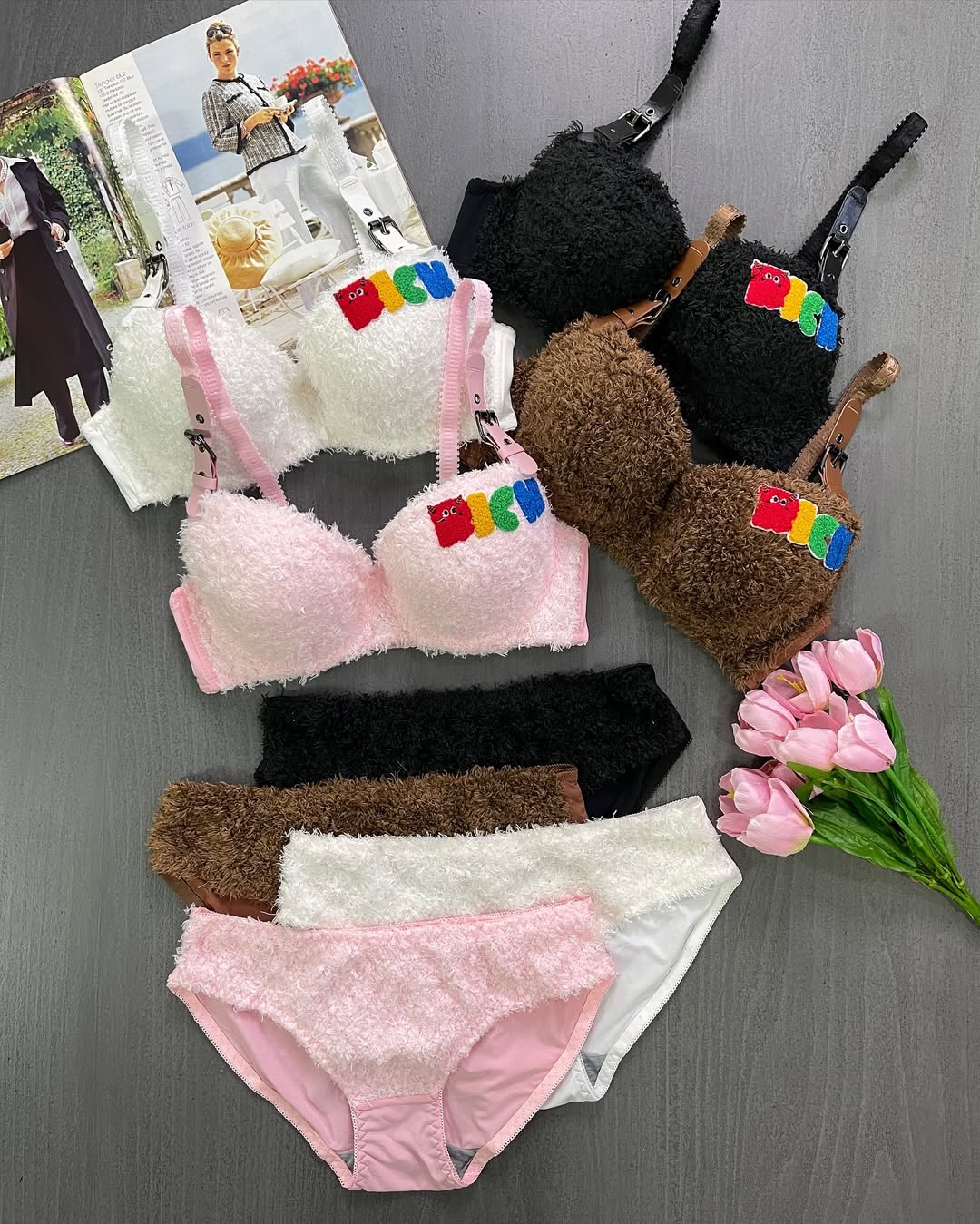 Cute Fur Plush🧸Paded Push-up Bra Panty Set
