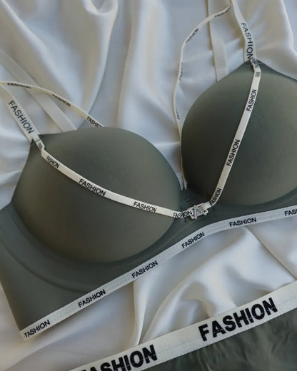 Front Cross Neck Paded Push-up Bra Underwear Set Fashion Straps Printed
