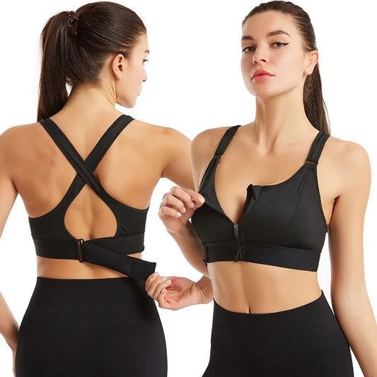 Sports Bra Front Zipper Women Fitness  Adjustable Strap High Impact Yoga Top