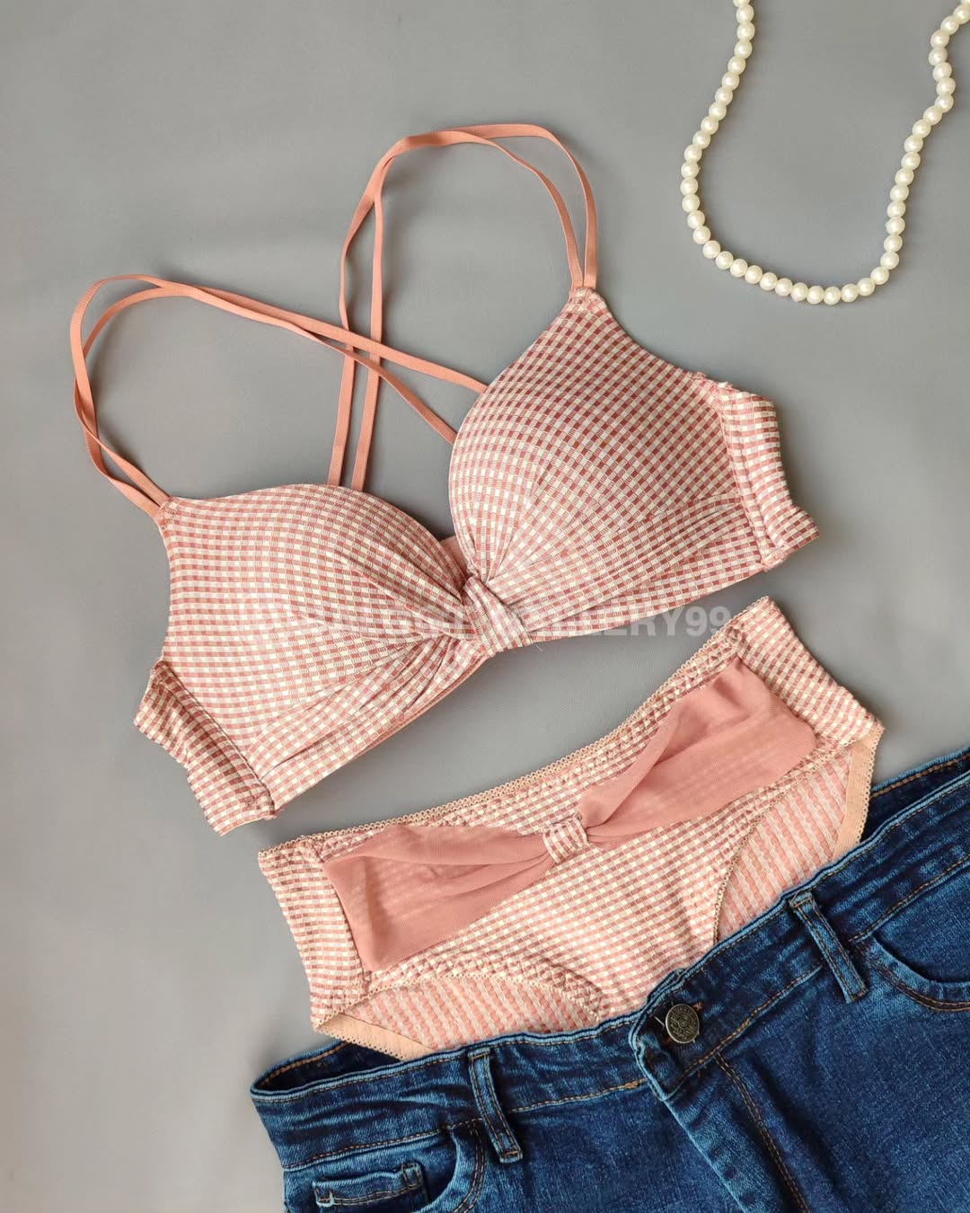 Front Bow Style Back Back Cross Bra panty set