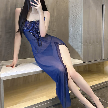 Sexy Hollow out Lace Trimmed Mesh Long 2-piece