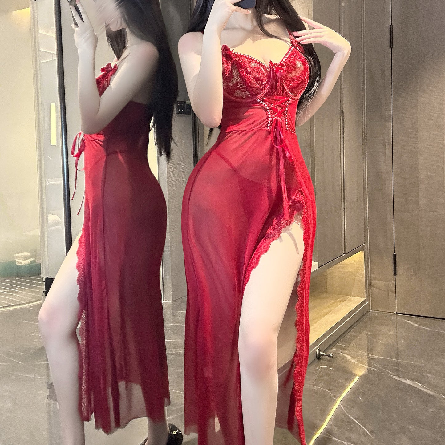 Sexy Hollow out Lace Trimmed Mesh Long 2-piece