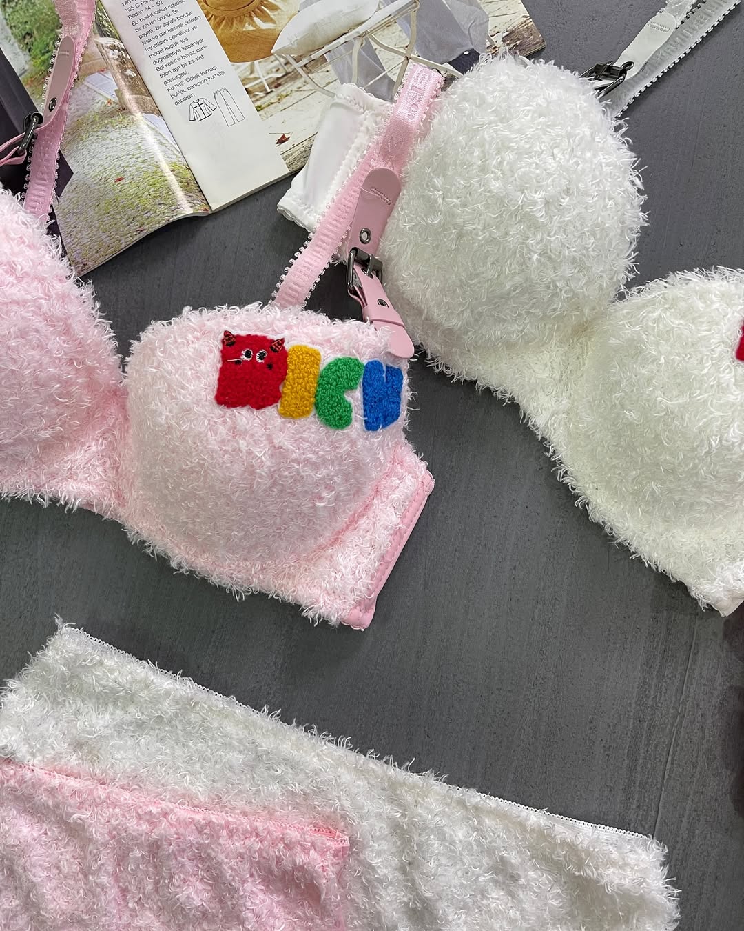 Cute Fur Plush🧸Paded Push-up Bra Panty Set