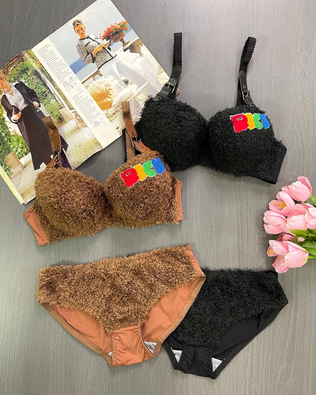 Cute Fur Plush🧸Paded Push-up Bra Panty Set