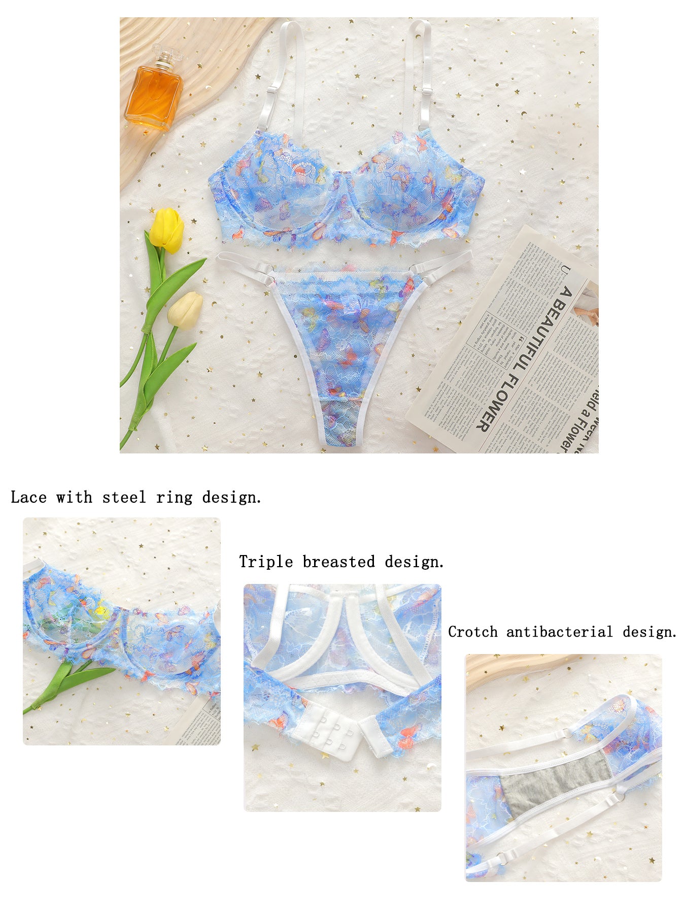 Viomisha 2-Piece Lace Bra Wired Set Floral Transparent Blue Panty Set