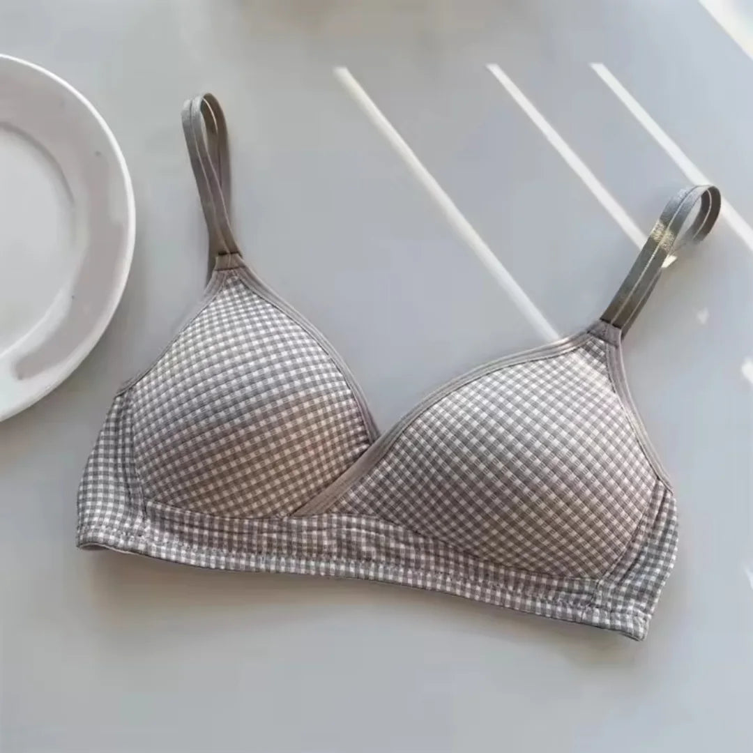 T-shirt Seamless Wireless Push Up Top Bra Breathable Plaid Cute Bralette