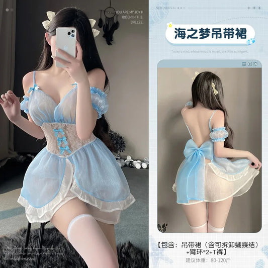 V Neck High Waist Thin Mesh Sheer Transparent Soft Yarn Cute Servant Uniform Dress