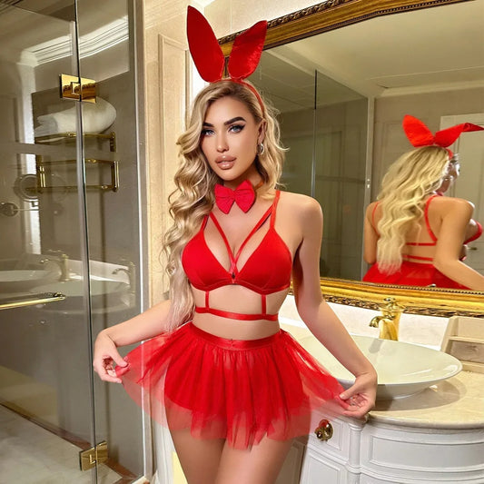 Sexy Skirt Sets Women Cosplay Bunny Girl Mesh Lace